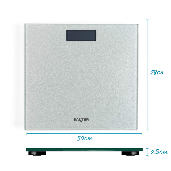 Silver Salter digital bathroom scale showing front and side with measurements 30x28x2.5cm