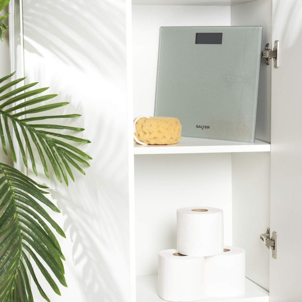 Silver Salter digital bathroom scale showing front and side with measurements 30x28x2.5cm