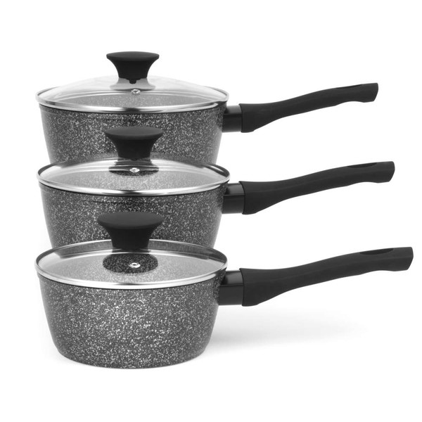 Set of three grey speckled saucepans with lids and black handles, side view