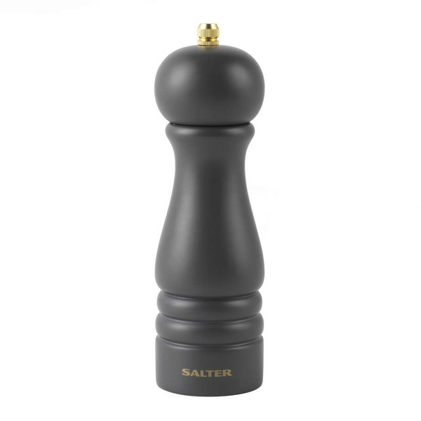 Black wooden pepper mill with gold top, Salter logo on base