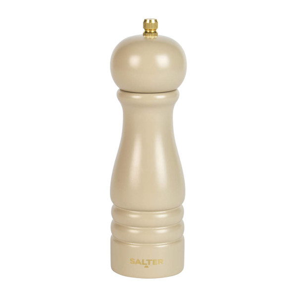 Beige wooden pepper mill with gold knob, upright, Salter logo at base