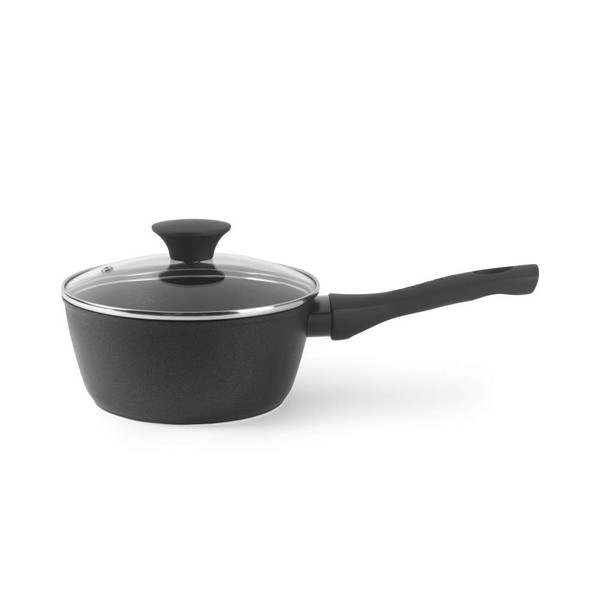 Black non-stick saucepan with glass lid and long handle, shown on white background