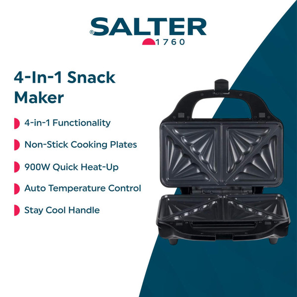 Black sandwich maker with toasted sandwiches, shown open on a kitchen worktop.