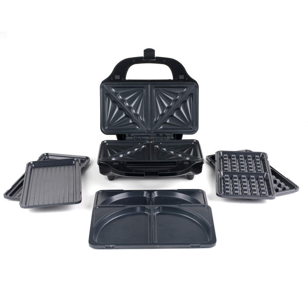 Black sandwich maker with interchangeable grill, waffle, and deep fill plates