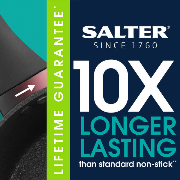 Promotional graphic for Salter cookware highlighting lifetime guarantee and 10x longer-lasting non-stick.