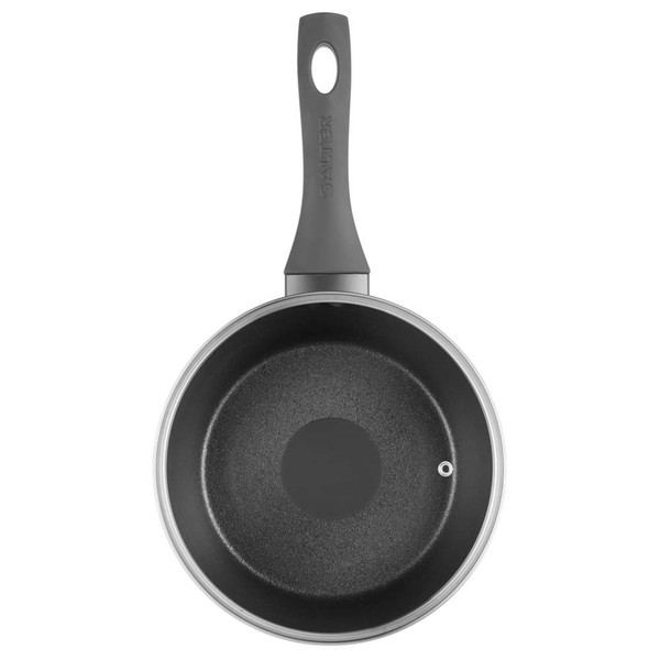 Non-stick black saucepan with grey handle, top-down view