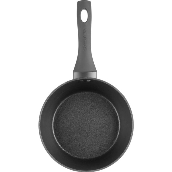 Black non-stick saucepan with handle, top view
