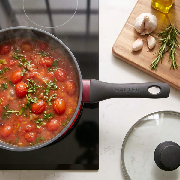 Black non-stick saucepan with handle, top view