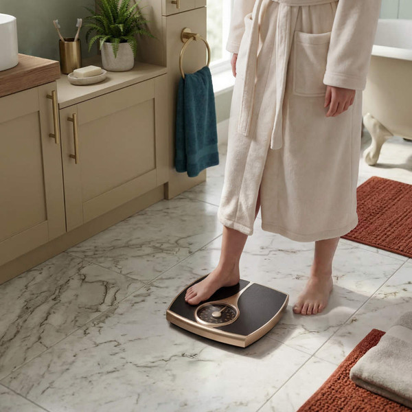 Person in cream robe stepping on gold analogue bathroom scales in modern bathroom