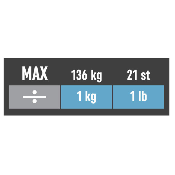 Weight limit table: max 136kg or 21st; increments 1kg or 1lb