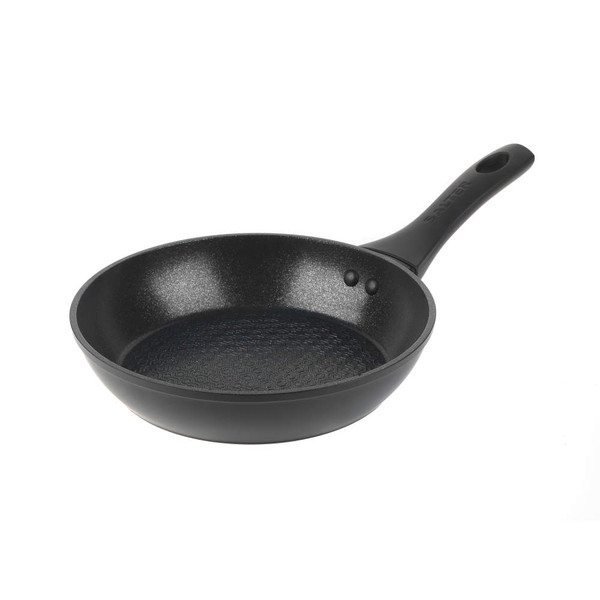 Black non-stick frying pan with textured interior, angled to show handle and pan surface