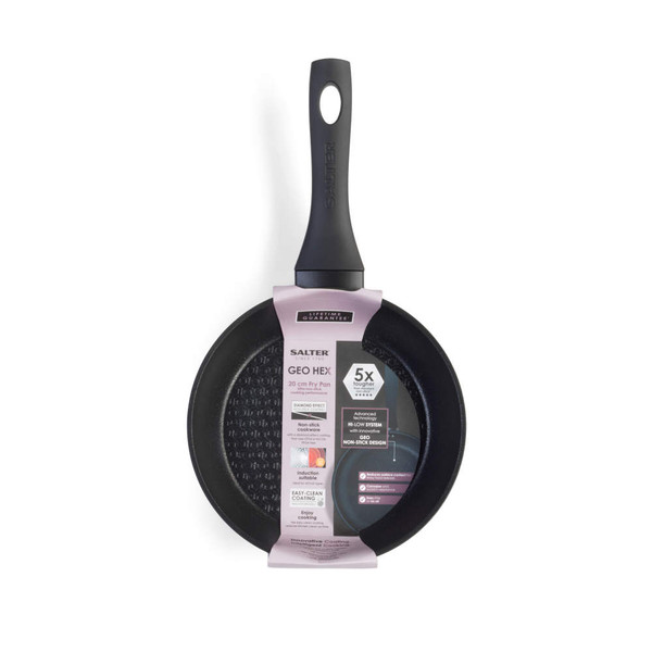 Salter Geo Hex 20cm black non-stick frying pan in retail packaging