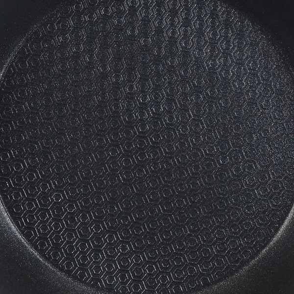 Close-up of non-stick frying pan with textured hexagonal pattern