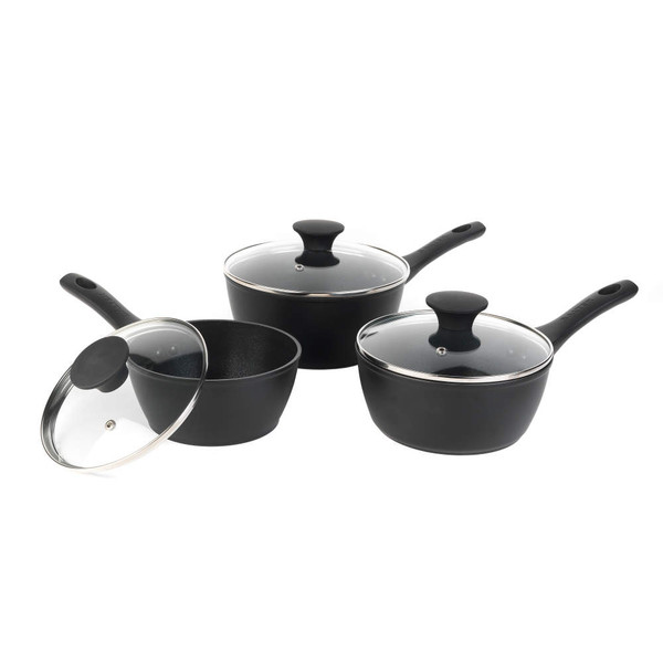 Set of three black non-stick saucepans with lids, shown on white background