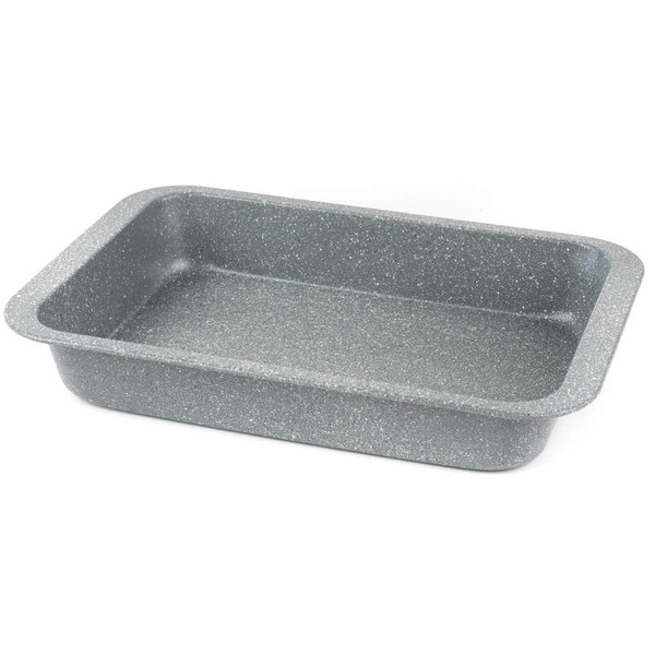 Grey non-stick rectangular roasting tin, shown empty at an angle.