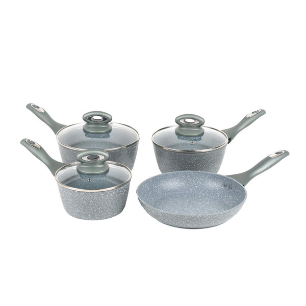 4 piece grey non-stick saucepan and frying pan set with glass lids