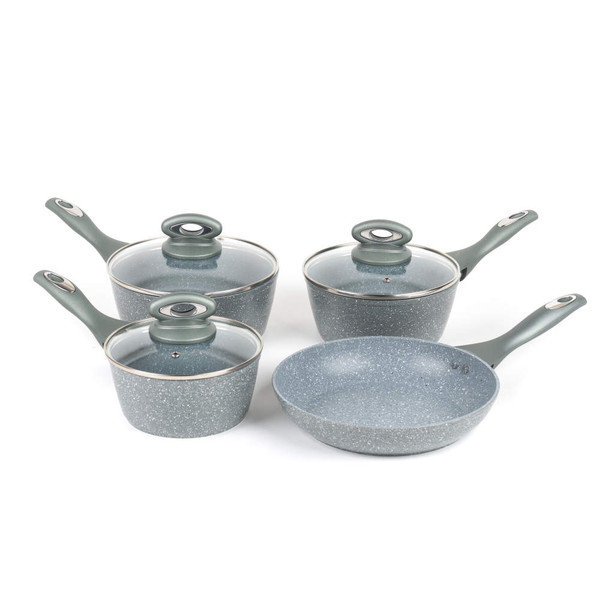 4 piece grey non-stick saucepan and frying pan set with glass lids