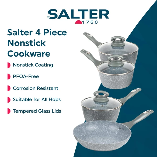 Set of grey stone-effect non-stick pans and frying pans on a modern kitchen worktop