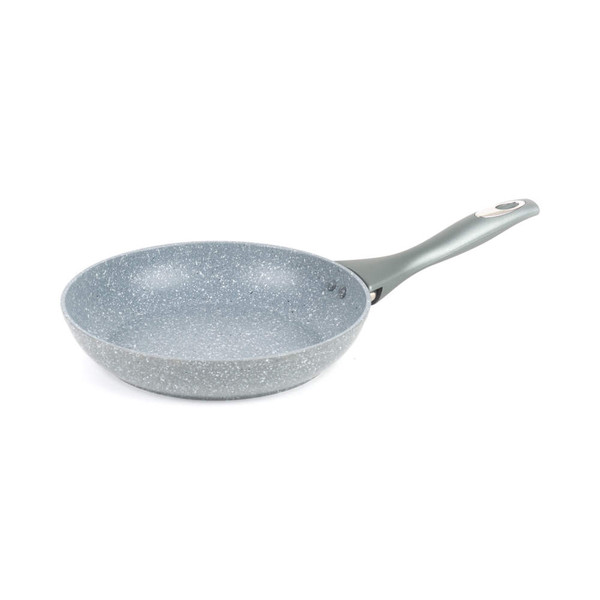 Set of grey non-stick pans and pots with food, shown in a modern kitchen