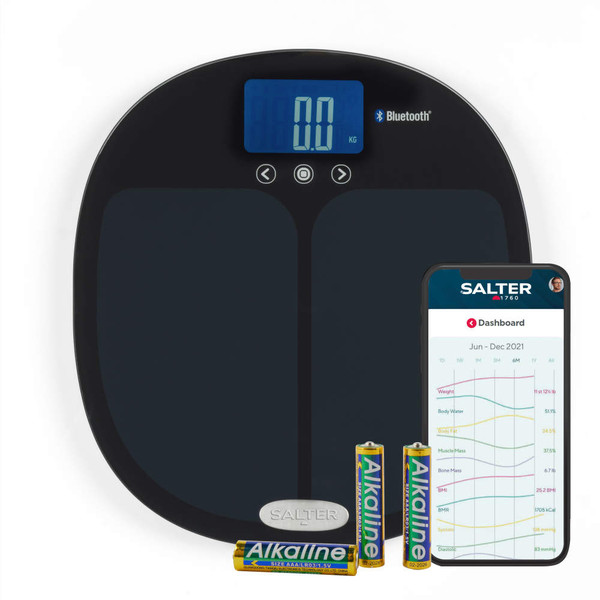 Black digital bathroom scale with Bluetooth, smartphone app and AAA batteries included