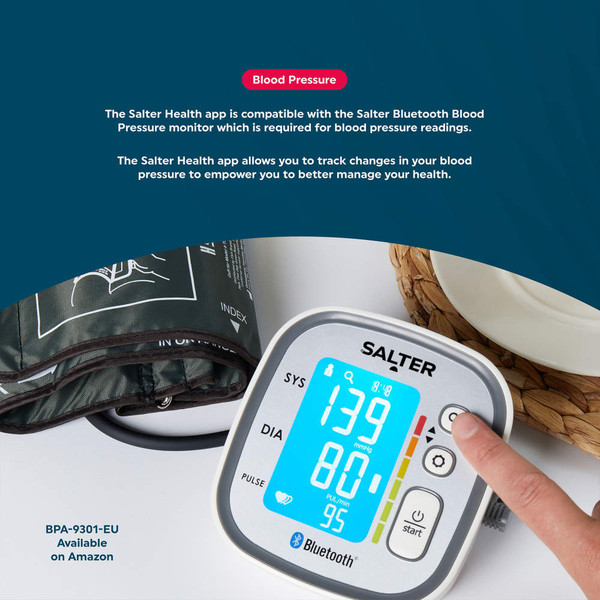 Person using a Salter Bluetooth blood pressure monitor, promoting app compatibility.