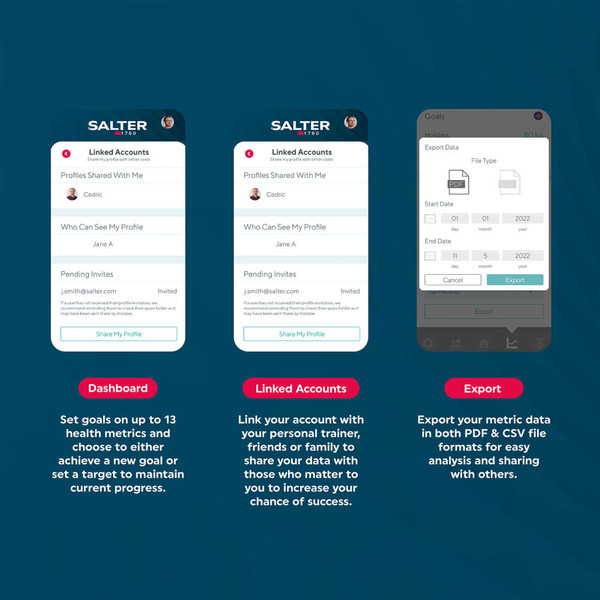 App screens showing dashboard, linked accounts and export features for health metrics tracking.