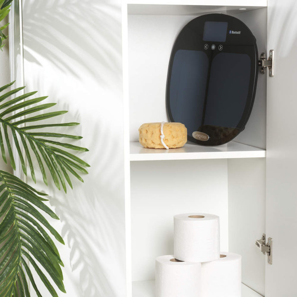Black Salter digital bathroom scale with Bluetooth, shown on tiled floor.