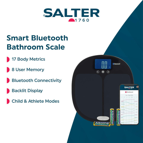 Smart black Bluetooth bathroom scale with backlit display, batteries, and Salter app dashboard.