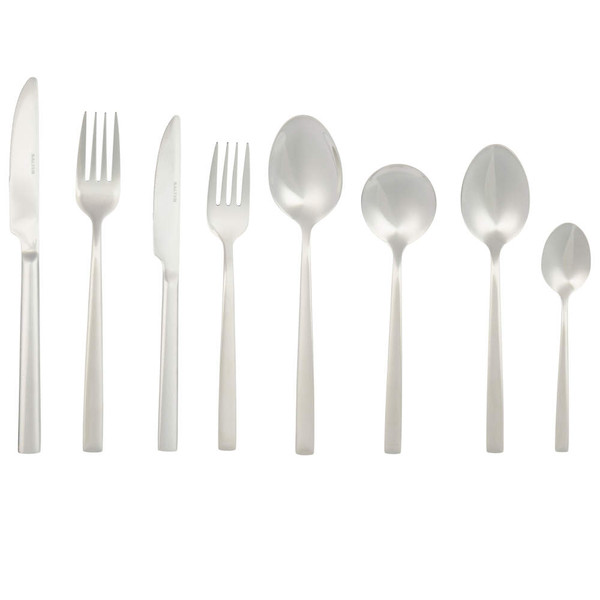 Eight-piece stainless steel cutlery set with knives, forks, and spoons shown in a row.