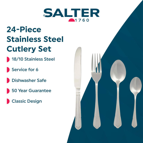 Set of four silver stainless steel cutlery pieces: knife, fork, tablespoon, teaspoon.