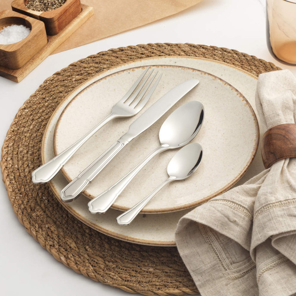 Stainless steel cutlery set, 4 pieces shown with measurements: knife, fork, tablespoon, teaspoon.