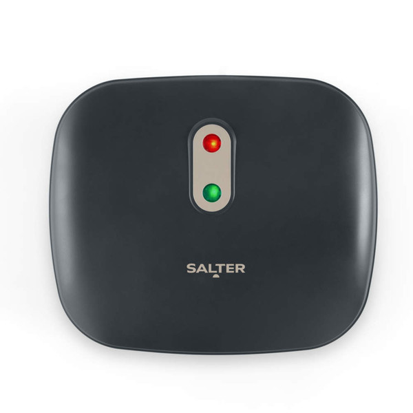 Salter black sandwich toaster closed, showing power and ready lights