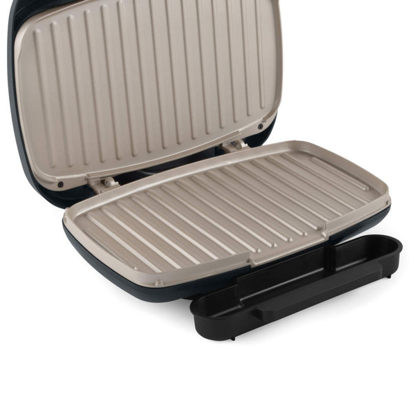 Electric grill open showing non-stick ridged plates in grey, empty and ready for use