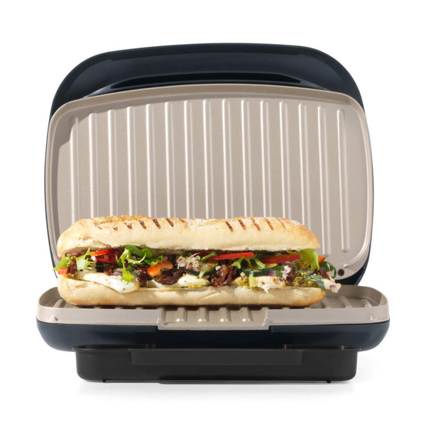 Electric panini press with a grilled sandwich inside, shown from the front.
