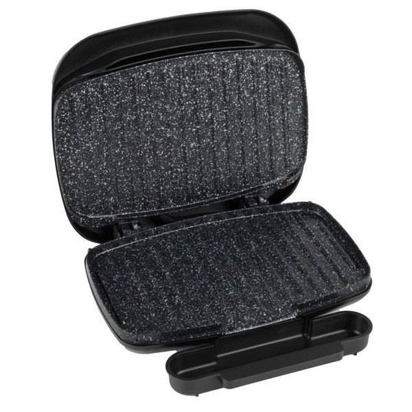 Open black non-stick grill with speckled plates, shown empty for product listing