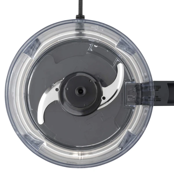 Food processor bowl with stainless steel chopping blade, top down view