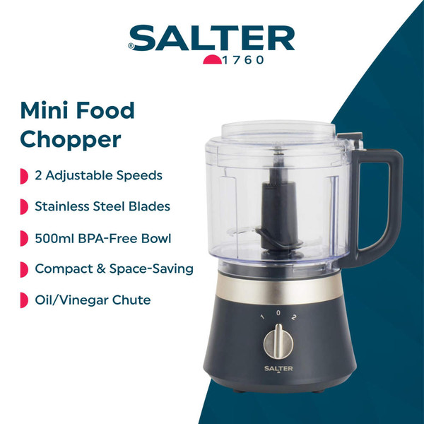 Salter black sandwich toaster and mini food processor on marble kitchen counter