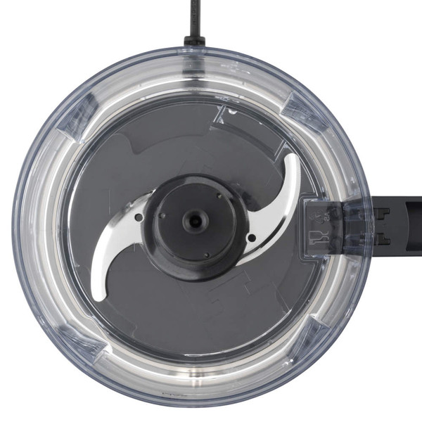 Food processor bowl with stainless steel chopping blade, top down view