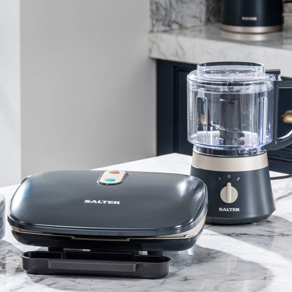 Salter sandwich toaster and mini food processor on kitchen worktop