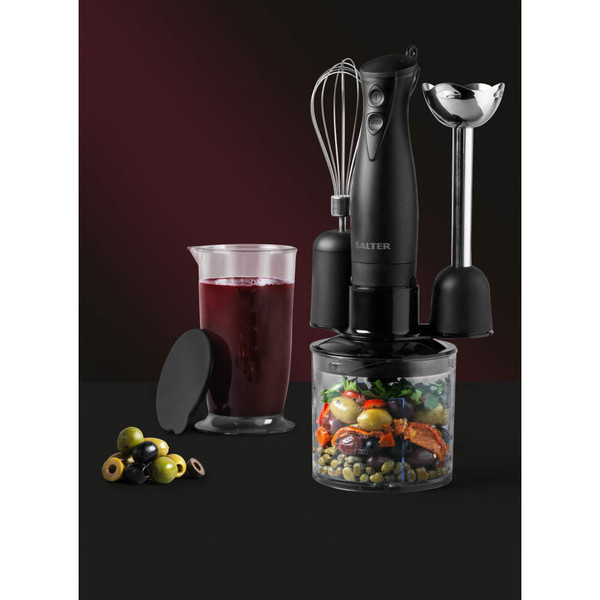 Salter black hand blender set with whisk, chopper, and jug for mixing drinks and preparing food