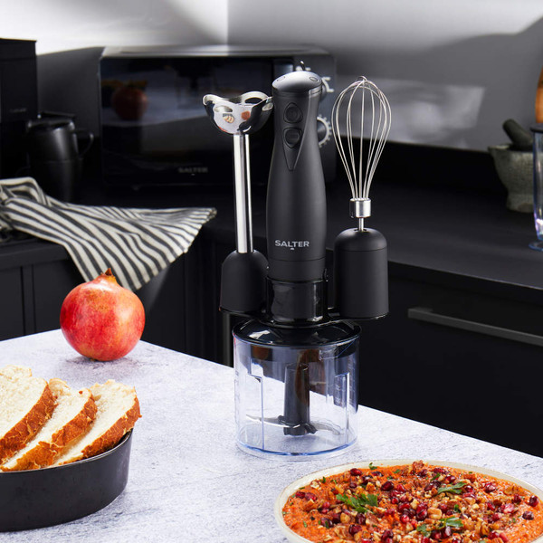 Black Salter hand blender set with whisk and chopper attachments on kitchen counter