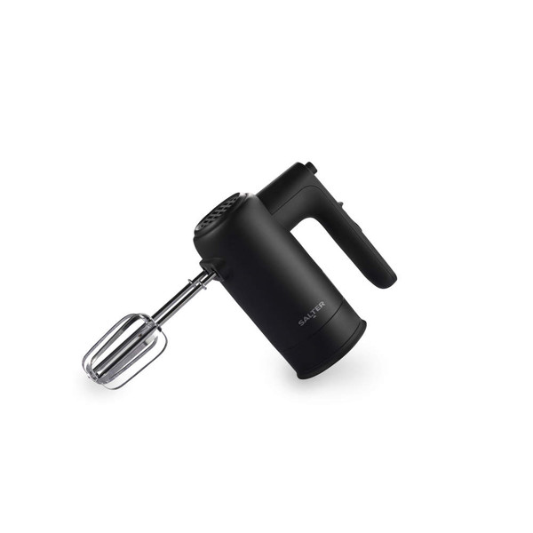 Black electric hand mixer with chrome beaters, side view.
