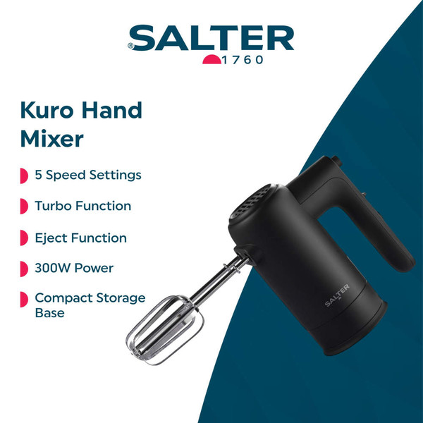 Black electric hand mixer with attachments on kitchen counter