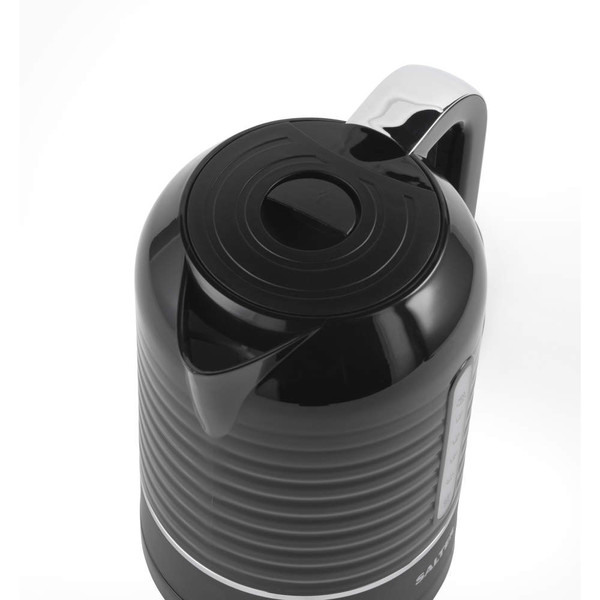 Black electric kettle with ribbed texture, shown from above on white background