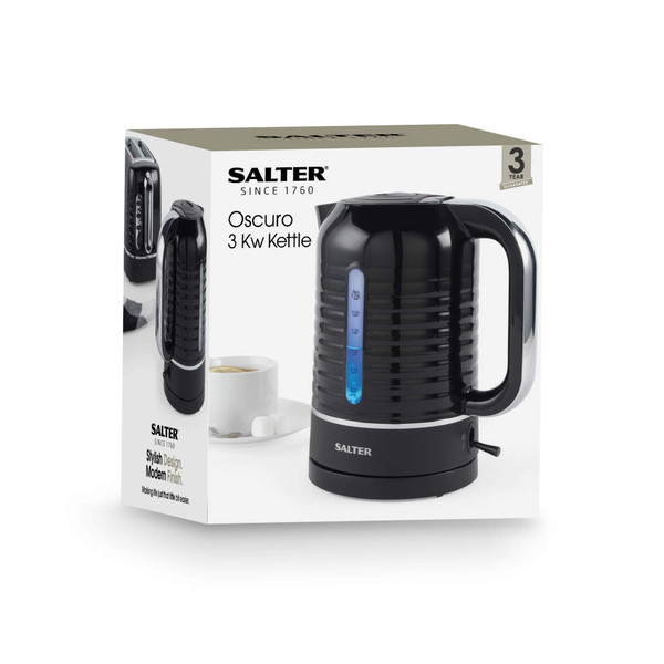 Black Salter Oscuro 3Kw kettle box packaging, showing product and stylish modern design.