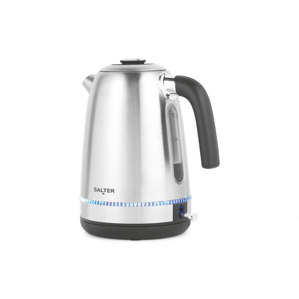 Silver electric kettle with black handle and blue LED base, side view