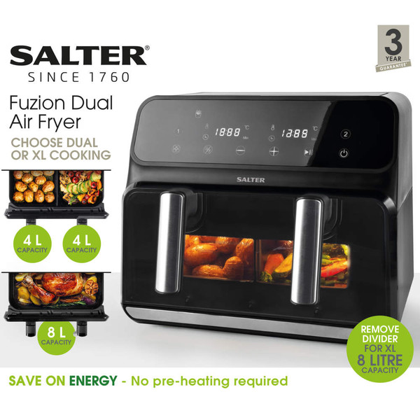 Fuzion Dual Air Fryer - 8L - Black - EK5728 - Salter - 5054061503340