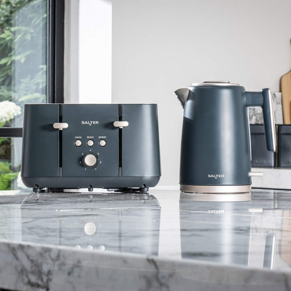 Matte grey Salter kettle and toaster set on marble kitchen counter