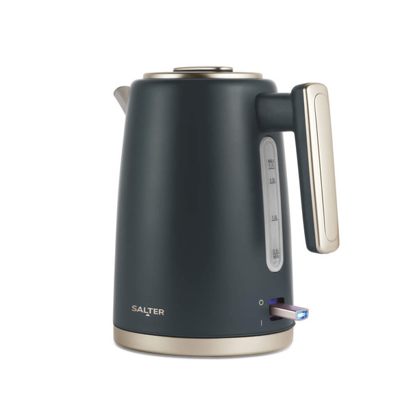 Grey electric kettle with water level indicator and metallic handle, side view