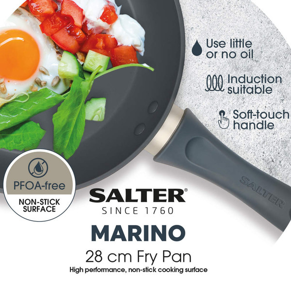 Salter Marino 28cm fry pan with soft-touch handle, non-stick, PFOA-free, induction suitable.